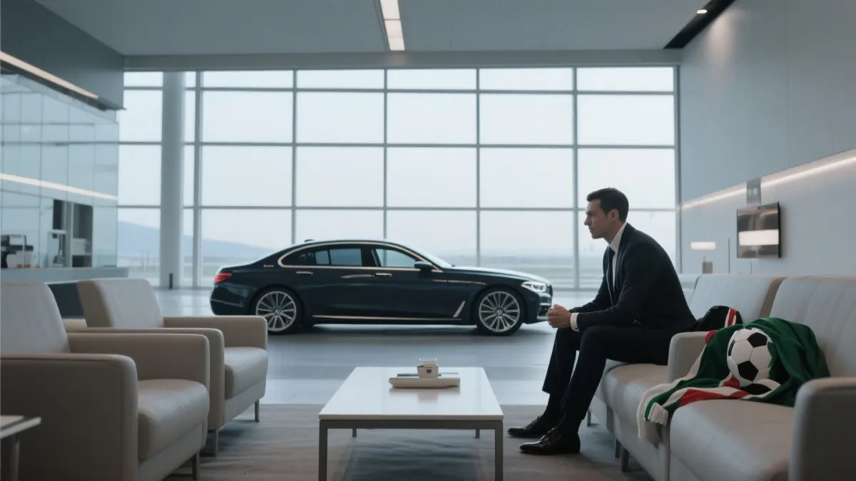 商务出行球迷在机场候机区与专车接驳的安静场景，简洁高级的旅行氛围