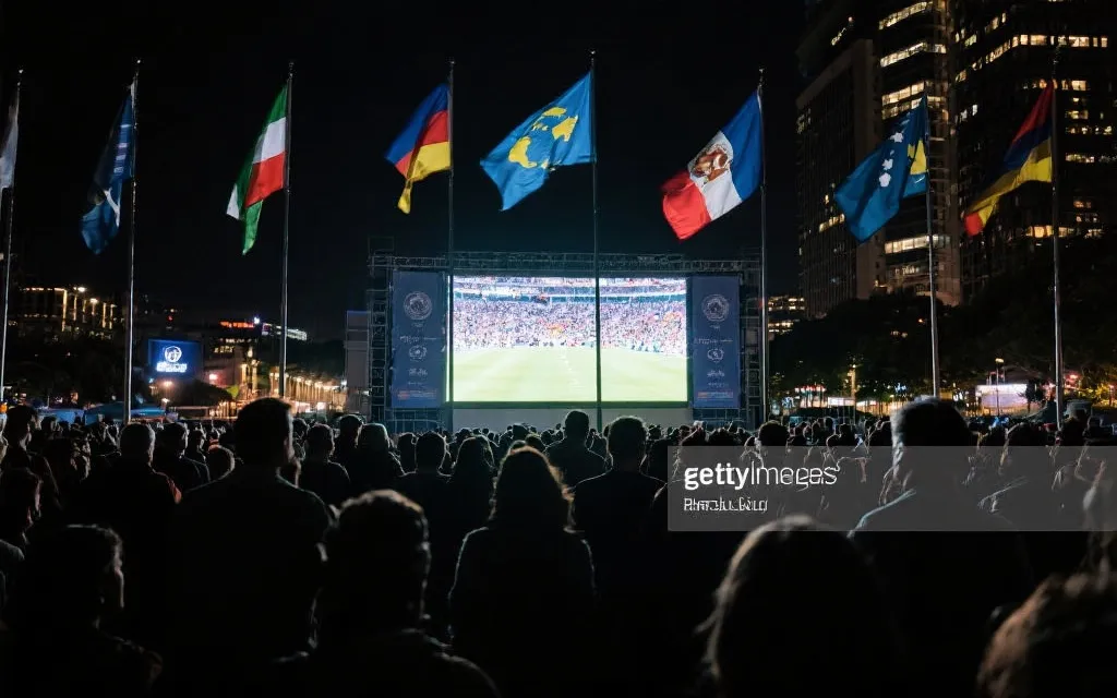 多城市球迷在大屏幕前共同观赛的夜景，体现世界杯全球文化共同体