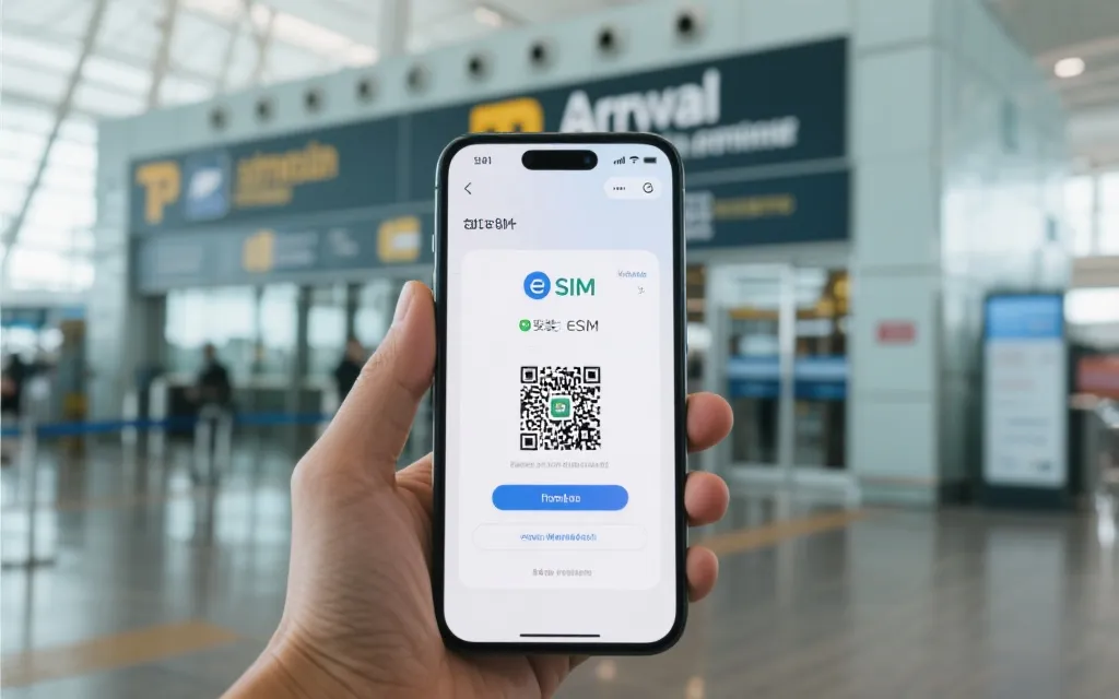 球迷在机场或球场外使用手机扫码安装eSIM、查看流量与导航
